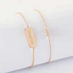 Outlet HappyBulle Duo bracelets personnalisés chaine trio scintillant et médaille gravée plaqué or plaque 20x8 mm Plaqué or 18k