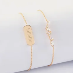 New HappyBulle Duo bracelets personnalisés chaine barrette scintillante et médaille gravée plaqué or plaque 20x8 mm Plaqué or 18k
