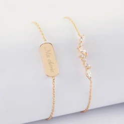 New HappyBulle Duo bracelets personnalisés chaine barrette scintillante et médaille gravée plaqué or plaque 20x8 mm Plaqué or 18k
