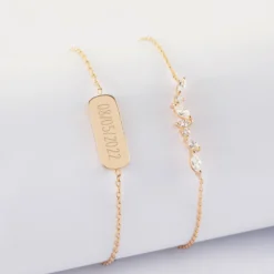 New HappyBulle Duo bracelets personnalisés chaine barrette scintillante et médaille gravée plaqué or plaque 20x8 mm Plaqué or 18k