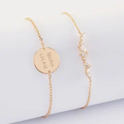 Discount HappyBulle Duo bracelets personnalisés chaine barrette scintillante et médaille gravée plaqué or 2 trous 15 mm Plaqué or 18k