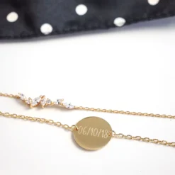 Discount HappyBulle Duo bracelets personnalisés chaine barrette scintillante et médaille gravée plaqué or 2 trous 15 mm Plaqué or 18k