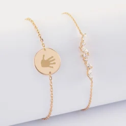 Discount HappyBulle Duo bracelets personnalisés chaine barrette scintillante et médaille gravée plaqué or 2 trous 15 mm Plaqué or 18k