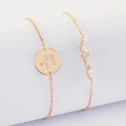 Discount HappyBulle Duo bracelets personnalisés chaine barrette scintillante et médaille gravée plaqué or 2 trous 15 mm Plaqué or 18k