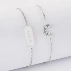 Outlet HappyBulle Duo bracelets personnalisés chaine lune scintillante et médaille gravée argent plaque 20x8 mm - x Capucine Argent rhodié 925