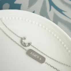 Outlet HappyBulle Duo bracelets personnalisés chaine lune scintillante et médaille gravée argent plaque 20x8 mm - x Capucine Argent rhodié 925