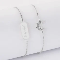 Outlet HappyBulle Duo bracelets personnalisés chaine lune scintillante et médaille gravée argent plaque 20x8 mm - x Capucine Argent rhodié 925