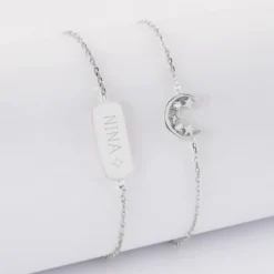 Outlet HappyBulle Duo bracelets personnalisés chaine lune scintillante et médaille gravée argent plaque 20x8 mm - x Capucine Argent rhodié 925