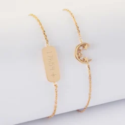 New HappyBulle Duo bracelets personnalisés chaine lune scintillante et médaille gravée plaqué or plaque 20x8 mm - x Capucine Plaqué or 18k