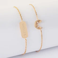 New HappyBulle Duo bracelets personnalisés chaine lune scintillante et médaille gravée plaqué or plaque 20x8 mm - x Capucine Plaqué or 18k