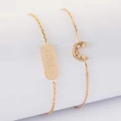 New HappyBulle Duo bracelets personnalisés chaine lune scintillante et médaille gravée plaqué or plaque 20x8 mm - x Capucine Plaqué or 18k