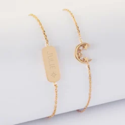 New HappyBulle Duo bracelets personnalisés chaine lune scintillante et médaille gravée plaqué or plaque 20x8 mm - x Capucine Plaqué or 18k
