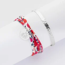 Clearance HappyBulle Duo bracelets personnalisés Jonc plat martelé et Liberty 3 tours médaille gravée argent 15 mm Argent rhodié 925