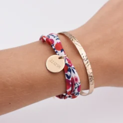 Sale HappyBulle Duo bracelets personnalisés Jonc plat martelé et Liberty 3 tours médaille gravée plaqué or 15 mm Plaqué or 18k