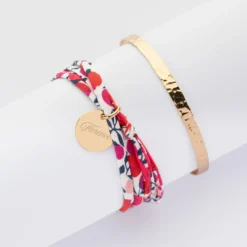 Sale HappyBulle Duo bracelets personnalisés Jonc plat martelé et Liberty 3 tours médaille gravée plaqué or 15 mm Plaqué or 18k