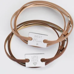 New HappyBulle Duo de bracelets cuir personnalisés médailles gravées argent rectangles 2 trous 23x16 mm