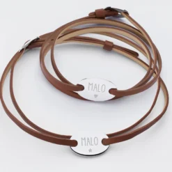 New HappyBulle Duo de bracelets cuir personnalisés médailles gravées argent ovales 2 trous 25x16 mm