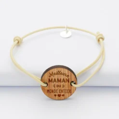 Outlet HappyBulle Duo de bracelets médailles gravées bois rondes 2 trous 21 mm Meilleurs Maman et Papa