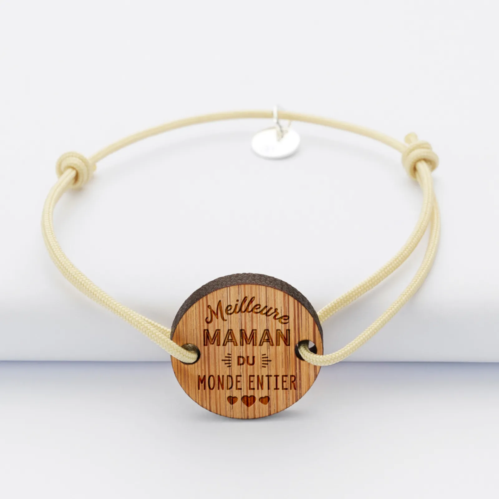 Outlet HappyBulle Duo de bracelets médailles gravées bois rondes 2 trous 21 mm Meilleurs Maman et Papa