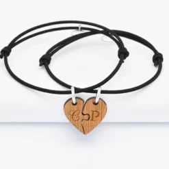 HappyBulle Duo de bracelets personnalisés médailles gravées bois "coeur inséparable"