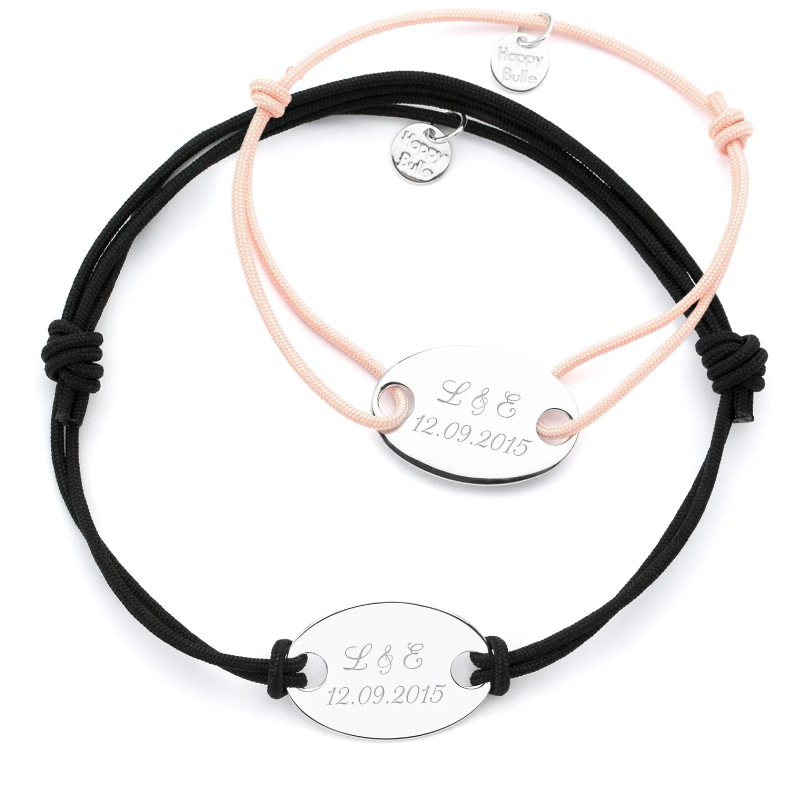 HappyBulle Duo de bracelets personnalisés médailles gravée argent ovale 2 trous 25x16 mm