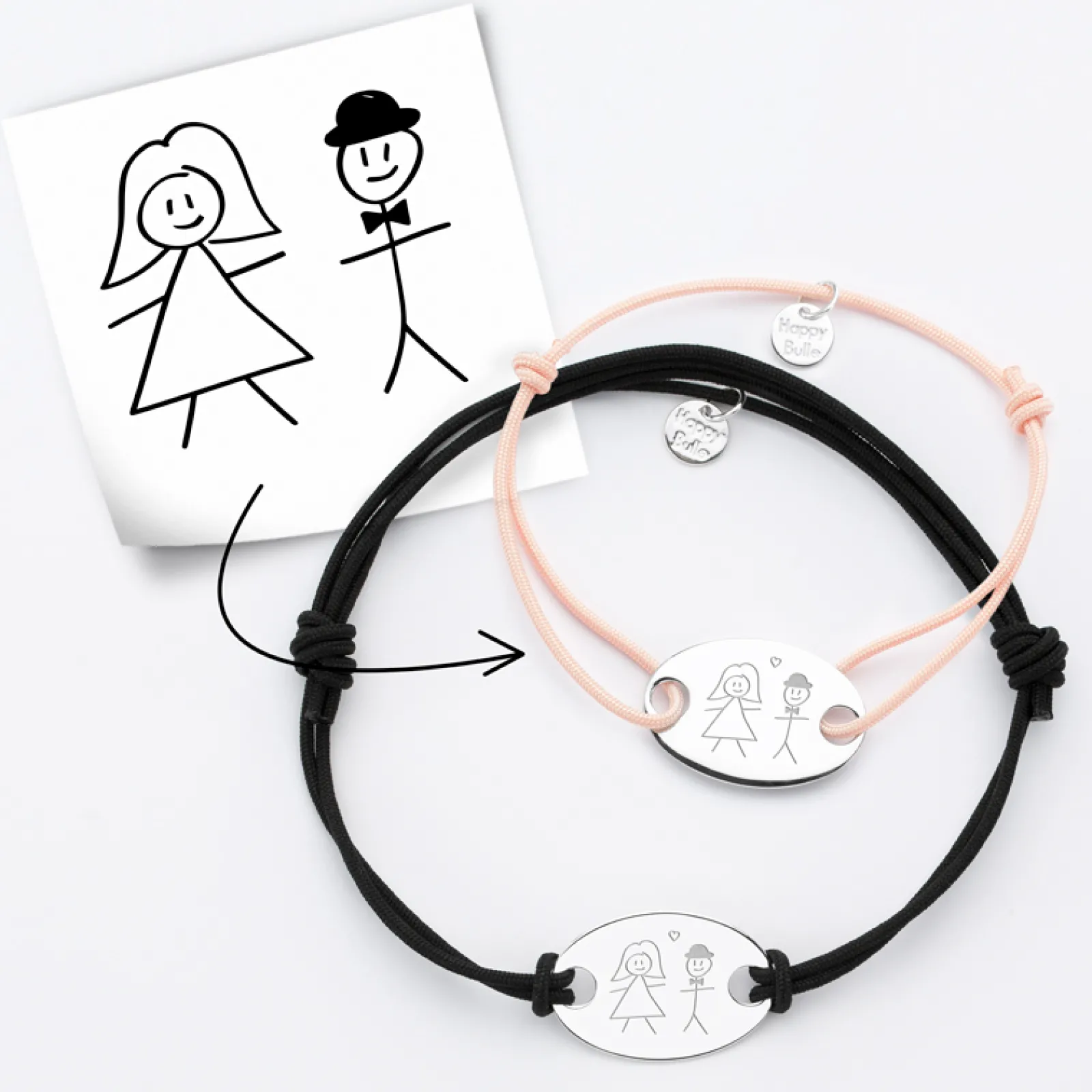 HappyBulle Duo de bracelets personnalisés médailles gravée argent ovale 2 trous 25x16 mm