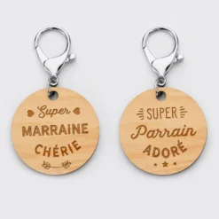 Best HappyBulle Duo de porte-clés gravés bois médailles rondes 50 mm Parrain et Marraine