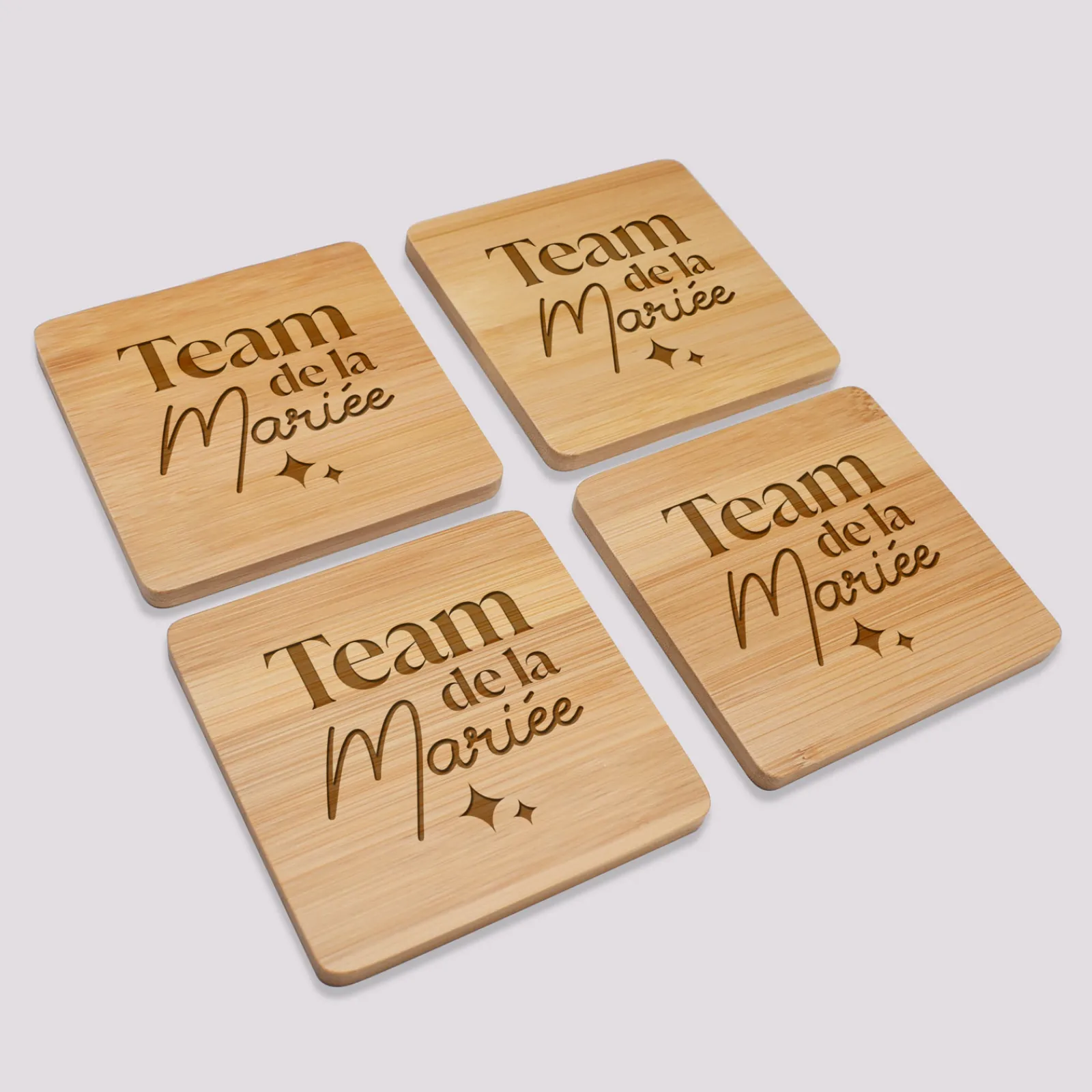 Hot HappyBulle Lot de 4 sous-verres EVJF personnalisés gravés bambou 10x10 cm