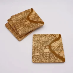 HappyBulle Lot de 4 sous-verres "Géo map" personnalisés gravés bambou 10x10 cm