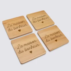 Sale HappyBulle Lot de 4 sous-verres personnalisés gravés bambou 10x10 cm