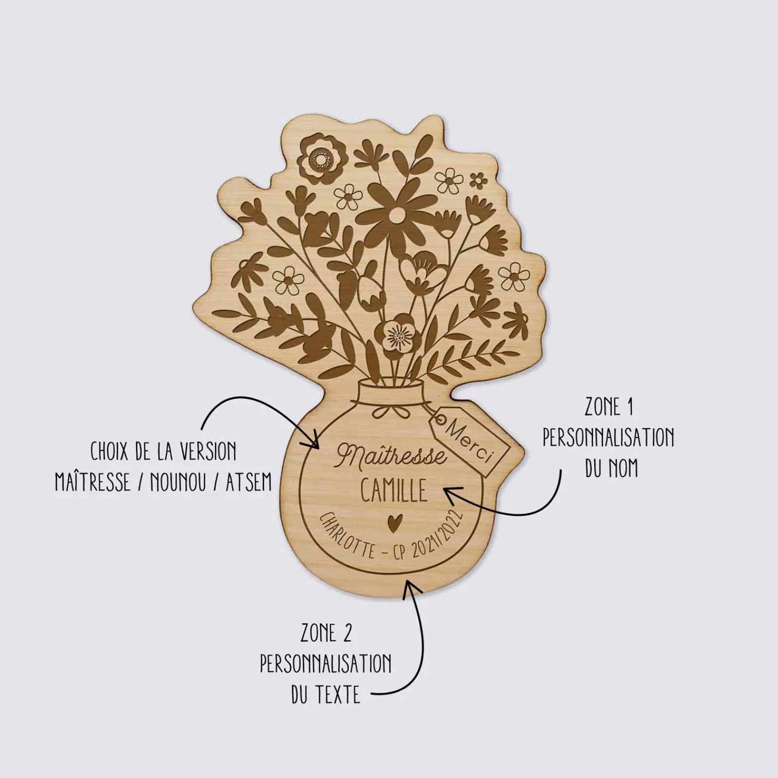 Best HappyBulle Magnet bouquet de fleurs personnalisé bois gravé 56x78 mm - édition spéciale "merci"
