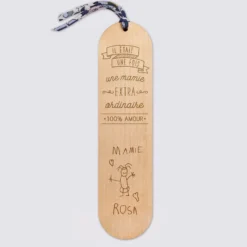 HappyBulle Marque page personnalisé bois gravé avec cordon liberty - édition spéciale "Bonne lecture mamie"