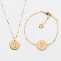Sale HappyBulle Parure enfant personnalisé pendentif et bracelet chaîne médailles gravées plaqué or 15 mm Plaqué or 18k