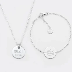 Sale HappyBulle Parure enfant personnalisé pendentif et bracelet chaîne médailles gravées argent 15 mm Argent rhodié 925