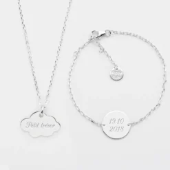 Sale HappyBulle Parure enfant personnalisé pendentif médaille gravée argent nuage 20x14 mm et bracelet chaîne médaille gravée argent 15 mm Argent rhodié 925