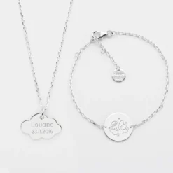 Sale HappyBulle Parure enfant personnalisé pendentif médaille gravée argent nuage 20x14 mm et bracelet chaîne médaille gravée argent 15 mm Argent rhodié 925