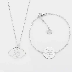 Sale HappyBulle Parure enfant personnalisé pendentif médaille gravée argent nuage 20x14 mm et bracelet chaîne médaille gravée argent 15 mm Argent rhodié 925