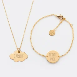 Outlet HappyBulle Parure enfant personnalisé pendentif médaille gravée plaqué or nuage 20x14 mm et bracelet chaîne médaille gravée 15 mm Plaqué or 18k