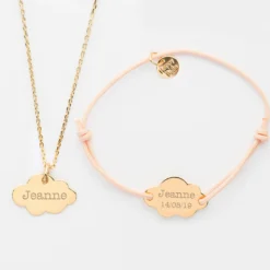 Best HappyBulle Parure enfant personnalisé pendentif et bracelet médailles gravées plaqué or nuage 20x14 mm Plaqué or 18k