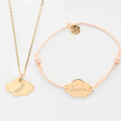Best HappyBulle Parure enfant personnalisé pendentif et bracelet médailles gravées plaqué or nuage 20x14 mm Plaqué or 18k