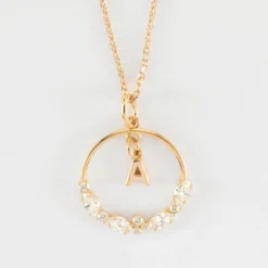 Best HappyBulle Pendentif cercle scintillant blanc personnalisé médaille plaqué or lettre initiale 5 mm Plaqué or 18k