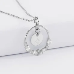 Clearance HappyBulle Pendentif cercle scintillant blanc personnalisé médaille gravée argent 10 mm Argent rhodié 925