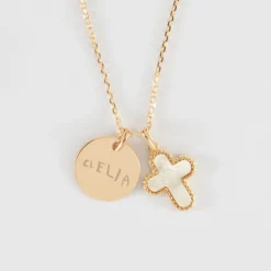 Discount HappyBulle Pendentif enfant personnalisé médaille gravée plaqué or 15 mm et breloque croix nacre 16 mm