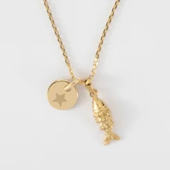 Clearance HappyBulle Pendentif enfant personnalisé médaille gravée plaqué or 10 mm et breloque poisson articulé 15 mm