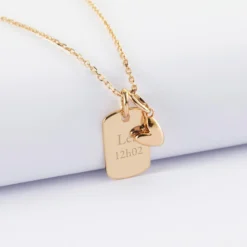 Clearance HappyBulle Pendentif enfant personnalisé médaille gravée plaqué or rectangle 17x11 mm et breloque petit coeur bombé 7 mm - x Atelier Wagram Plaqué or 18k