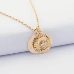 Hot HappyBulle Pendentif enfant personnalisé médaille gravée plaqué or 15 mm et breloque scintillant 14 mm Tournesol
