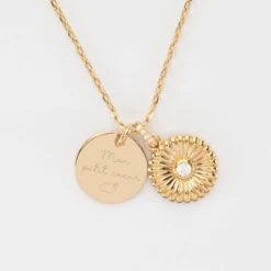 Hot HappyBulle Pendentif enfant personnalisé médaille gravée plaqué or 15 mm et breloque scintillant 14 mm Tournesol