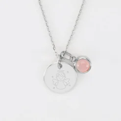 Outlet HappyBulle Pendentif enfant personnalisé médaille gravée argent 15 mm et breloque pierre naturelle 8 mm Argent rhodié 925