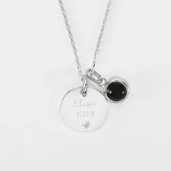 Outlet HappyBulle Pendentif enfant personnalisé médaille gravée argent 15 mm et breloque pierre naturelle 8 mm Argent rhodié 925