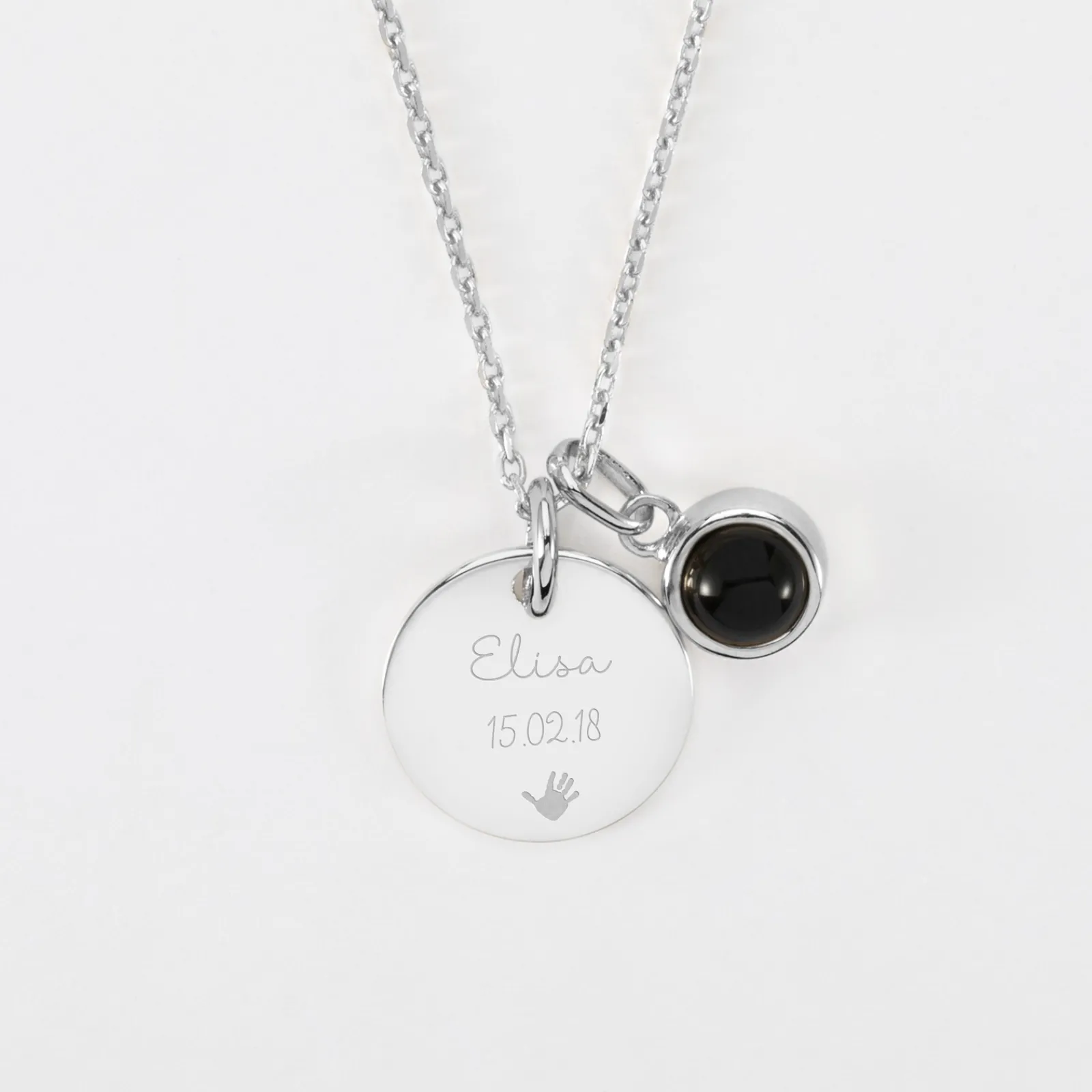 Outlet HappyBulle Pendentif enfant personnalisé médaille gravée argent 15 mm et breloque pierre naturelle 8 mm Argent rhodié 925
